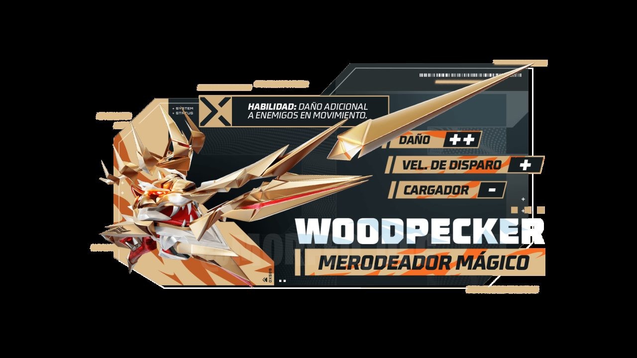 A imagem destaca a nova roleta mágica do Free Fire, exibindo a skin de arma Woodpecker Merodeador Mágico em destaque. Ao fu