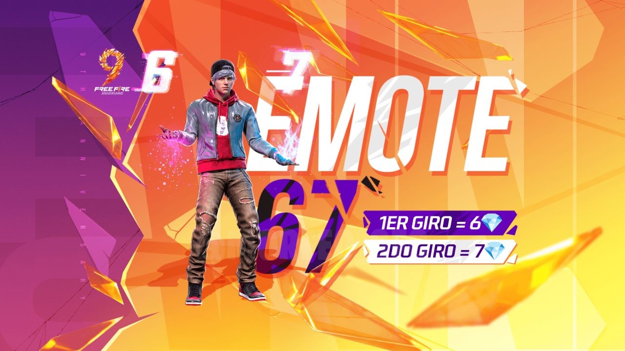 A imagem destaca a Nova Roda Desbotada do Free Fire, exibindo o Emote 67 e a skin de veículo Tuk Tuk Netherworld Ride. O vis