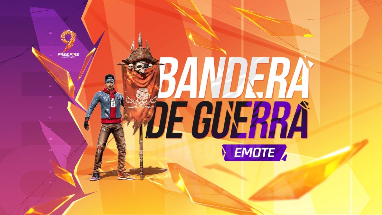 A imagem exibe a nova Roda Desbotada (Faded Wheel) do Free Fire, com destaque para os prêmios: emote especial, Bandeira Pira