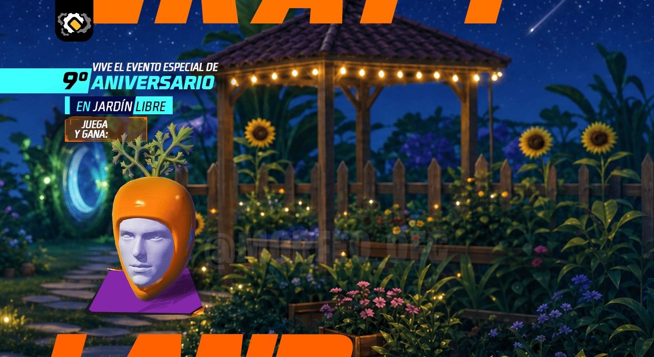 Imagem promocional do evento do 9º aniversário de Free Fire, destacando o Novo Jardim. Mostra a skin de arma AC80 Cannibal
