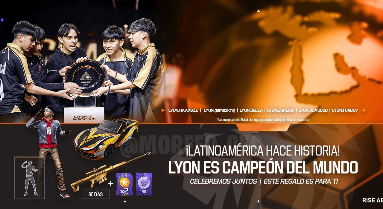 Imagem promocional do evento EWC no Free Fire, exibindo as novas recompensas disponíveis. Destaque para a skin de veículo d