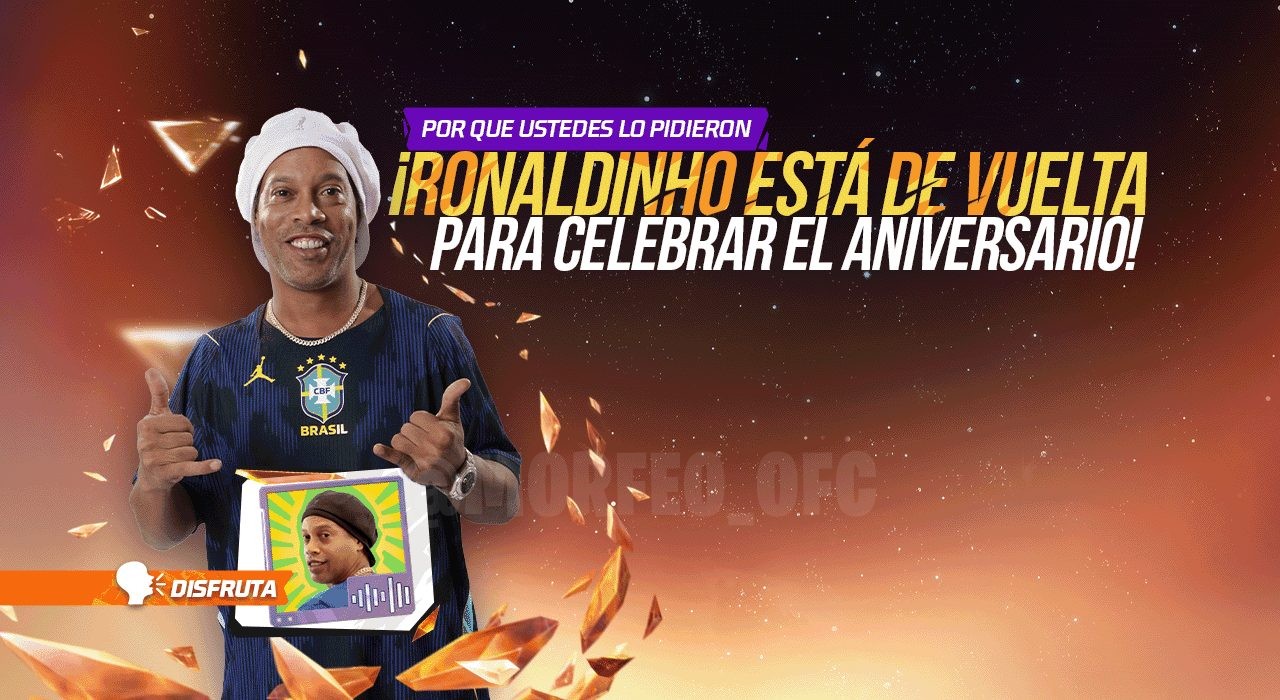 Imagem promocional do evento de despedida de Ronaldinho no Free Fire. Destaca o personagem inspirado no craque brasileiro em