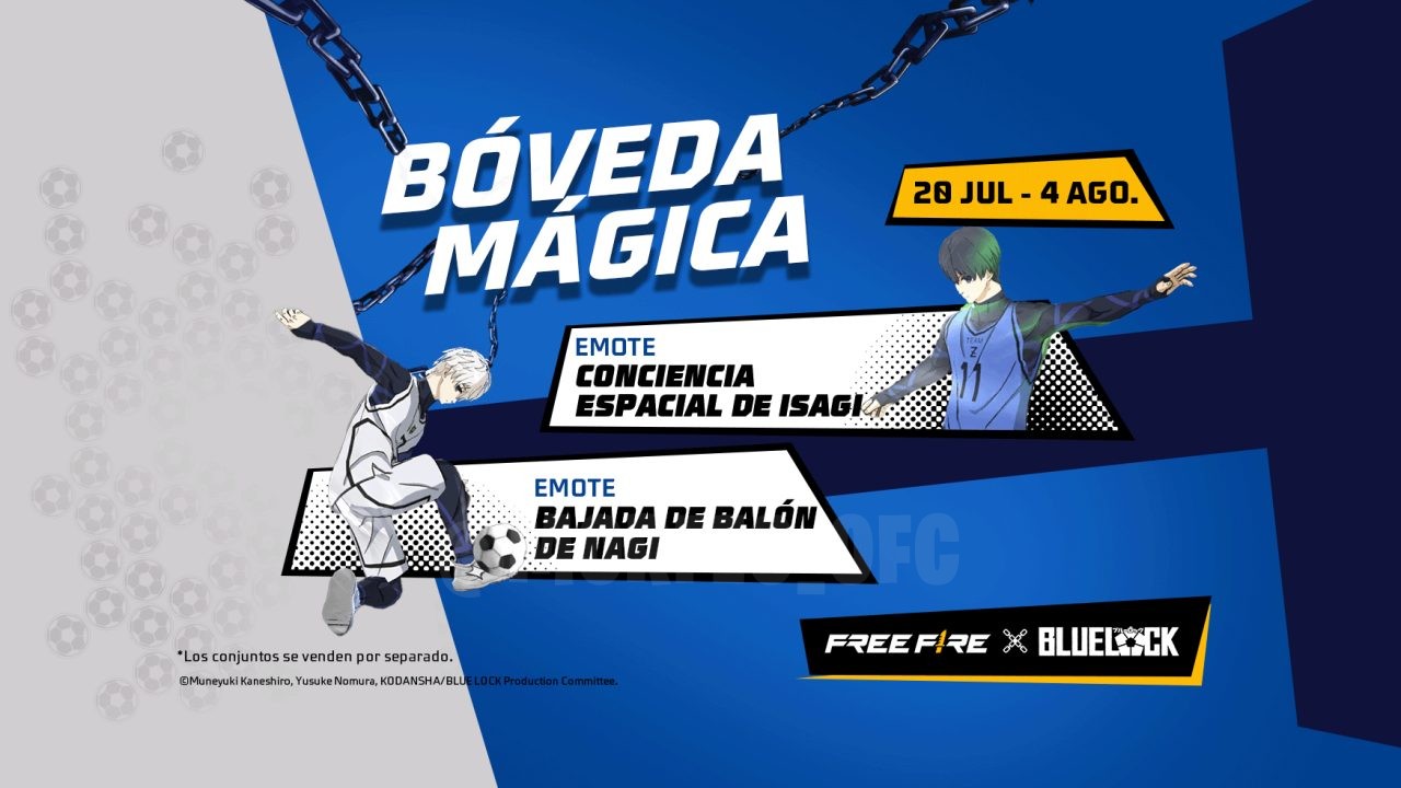 A imagem destaca o evento Wonder Vault Step Up no Free Fire, exibindo os emotes inspirados em Blue Lock. No centro, vemos o e