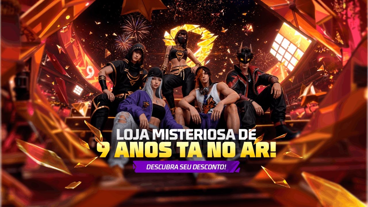 Imagem promocional da nova loja misteriosa no Free Fire, destacando o conjunto Fragmentos das Ruas. Mostra interface do jogo