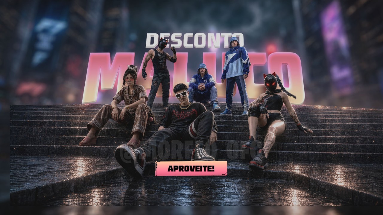 A imagem promove o novo Desconto Maluco do Free Fire, destacando os conjuntos Predador do Asfalto e Fera do Asfalto. Mostra p