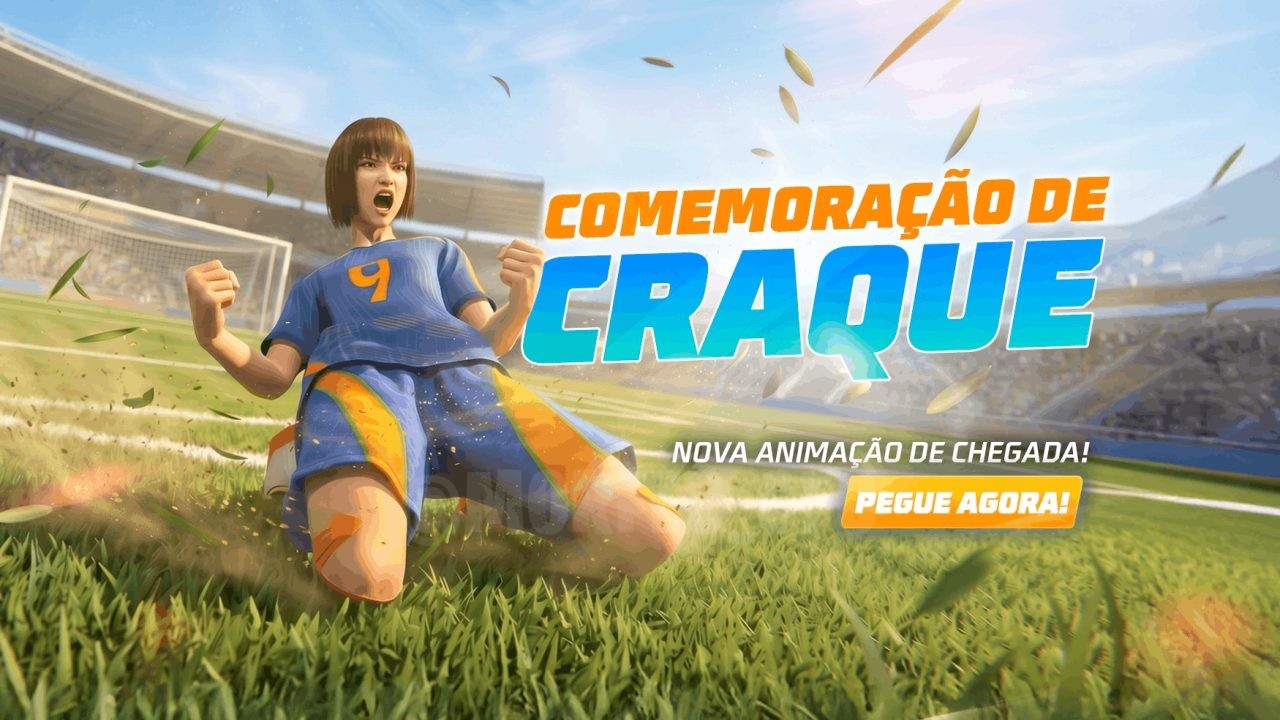 Imagem promocional do novo evento Bazar do Drop no Free Fire. Destaque para a animação Comemoração de Craque e a moto Gua