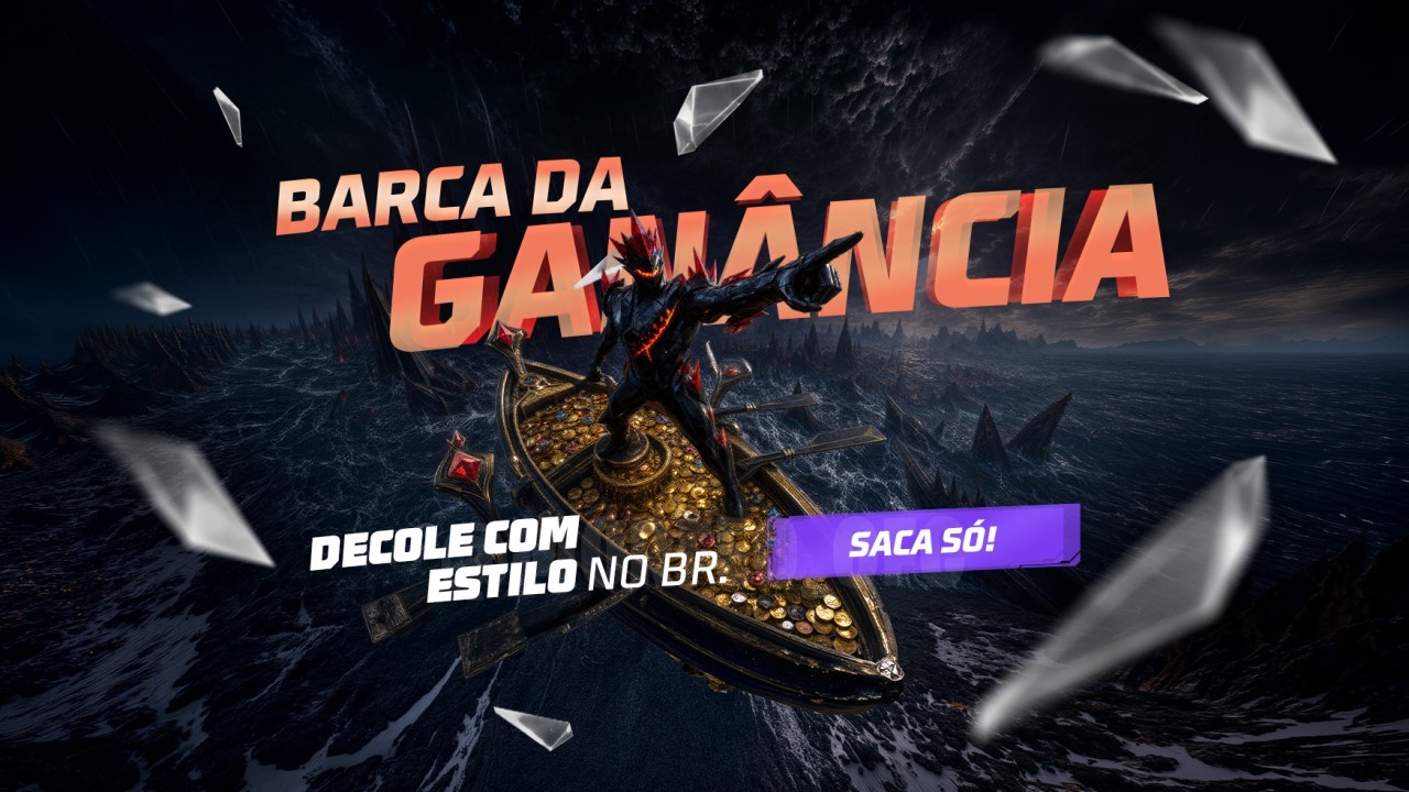 A imagem mostra o banner promocional do novo evento Bazar do Drop no Free Fire. Destaca um barco luxuoso com detalhes dourado