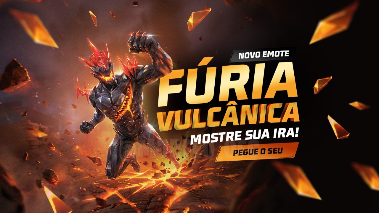 Imagem promocional do novo evento Bazar do Drop no Free Fire. Destaque para os itens Fúria Vulcânica e Parede de Gel Pipoco