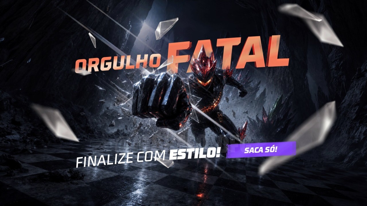 Imagem promocional do novo evento Bazar do Drop no Free Fire. Destaque para a arma Julgamento e a katana Carência, com fundo