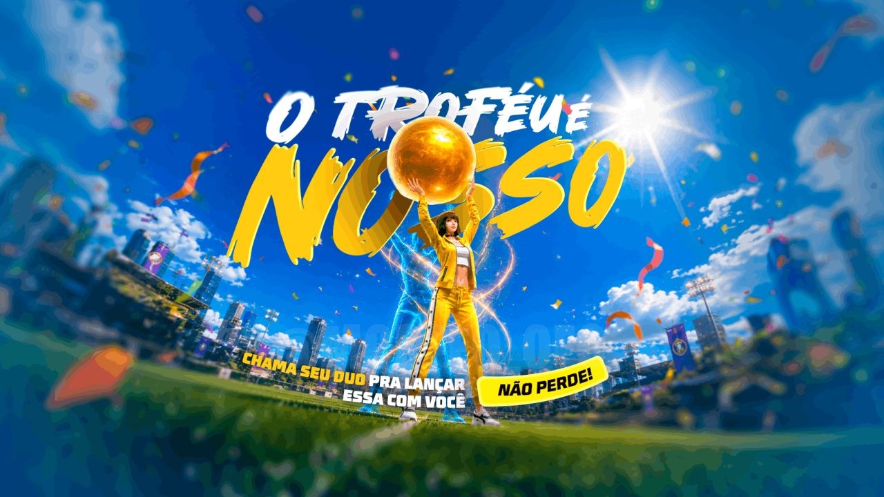 A imagem destaca o novo evento Bazar do Drop no Free Fire, com foco no troféu exclusivo. O visual apresenta elementos vibran