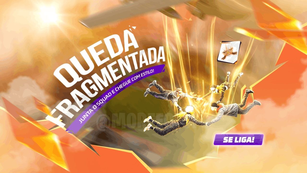 A imagem destaca o novo evento Bazar do Drop no Free Fire, com foco em recompensas como Queda Fragmentada, Parede de Gel e Mi