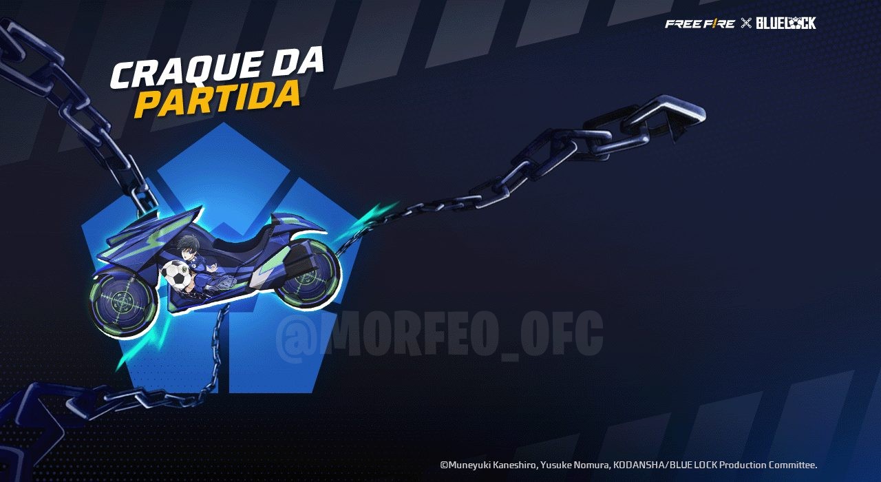 Imagem promocional vibrante do evento 'Craque da Partida' no Free Fire, focada na skin de moto inspirada em Blue Lock. Destaq