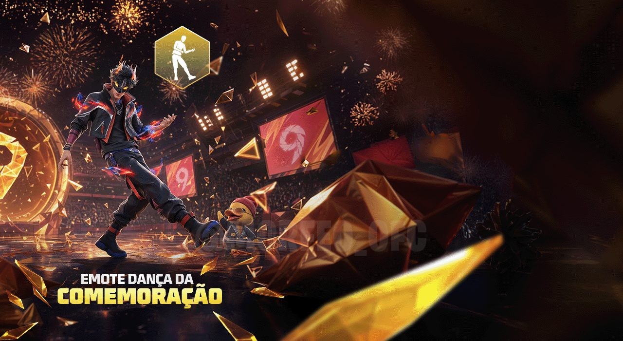 A imagem mostra o novo evento Dança da Comemoração no Free Fire. Personagens realizam uma coreografia animada com efeitos