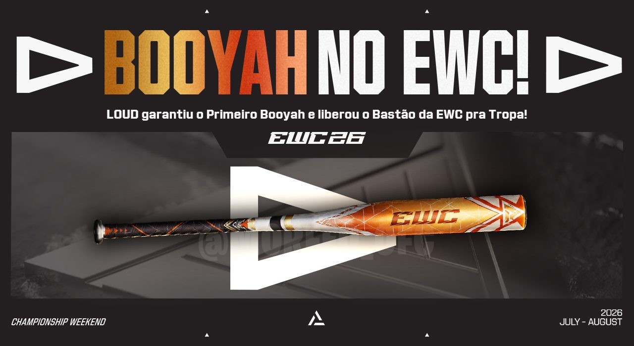Imagem promocional vibrante do evento EWC 2026 no Free Fire. Destaca o Booyah com jogador em pose heroica segurando a skin de