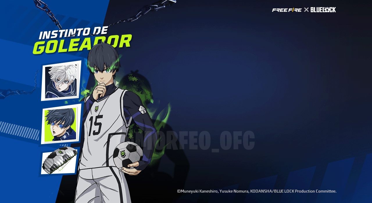 Banner promocional do novo evento 'Instinto do Goleador' no Free Fire, com tema Blue Lock. Destaca paraquedas azuis e pretos