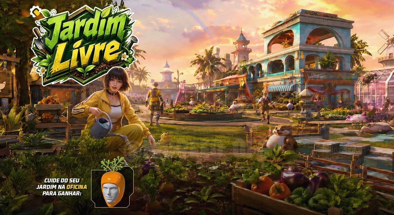 A imagem promocional destaca o novo evento "Jogue Jardim Livre" no Free Fire. No centro, vê-se um personagem em pose de comb