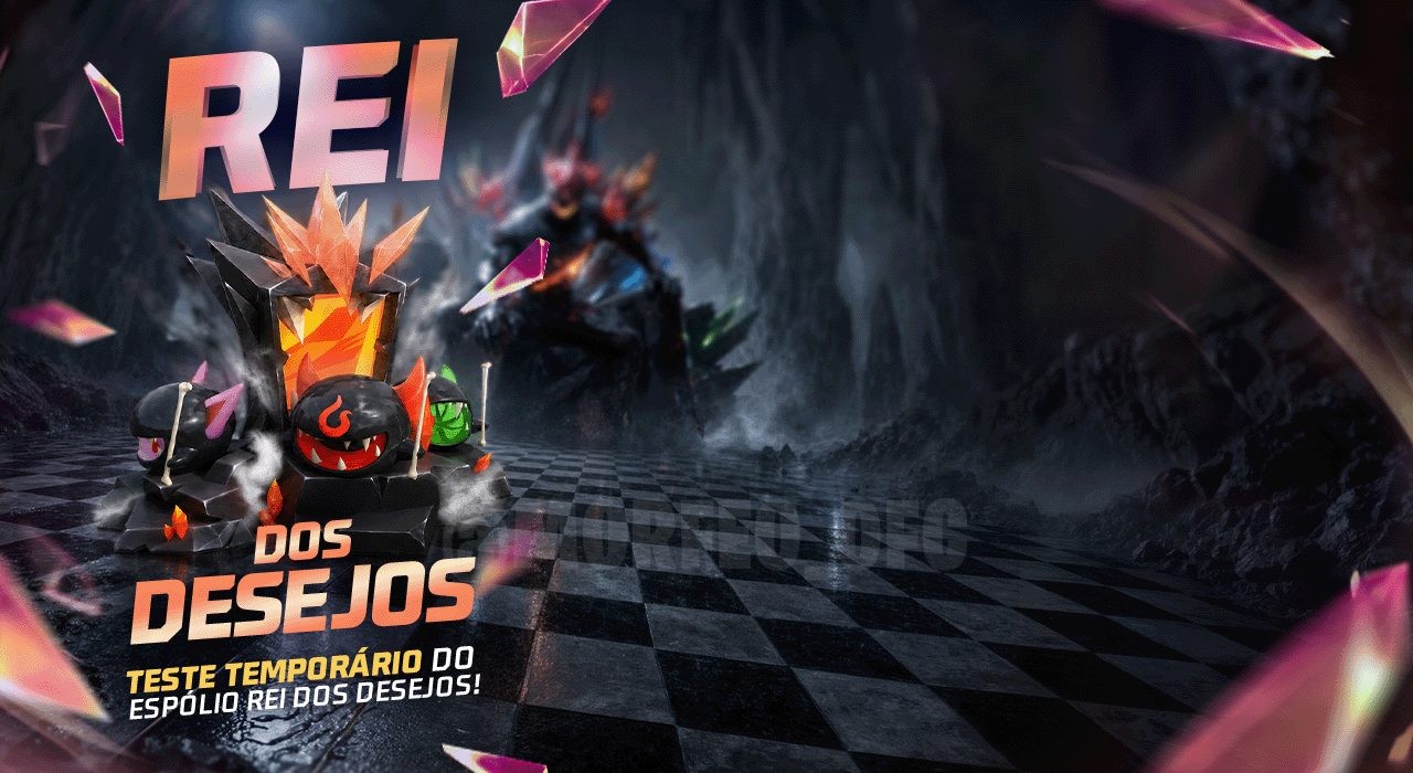 Esta imagem promocional destaca o novo evento 'O Rei dos Desejos' no Free Fire. Ela apresenta um design vibrante com o rei te