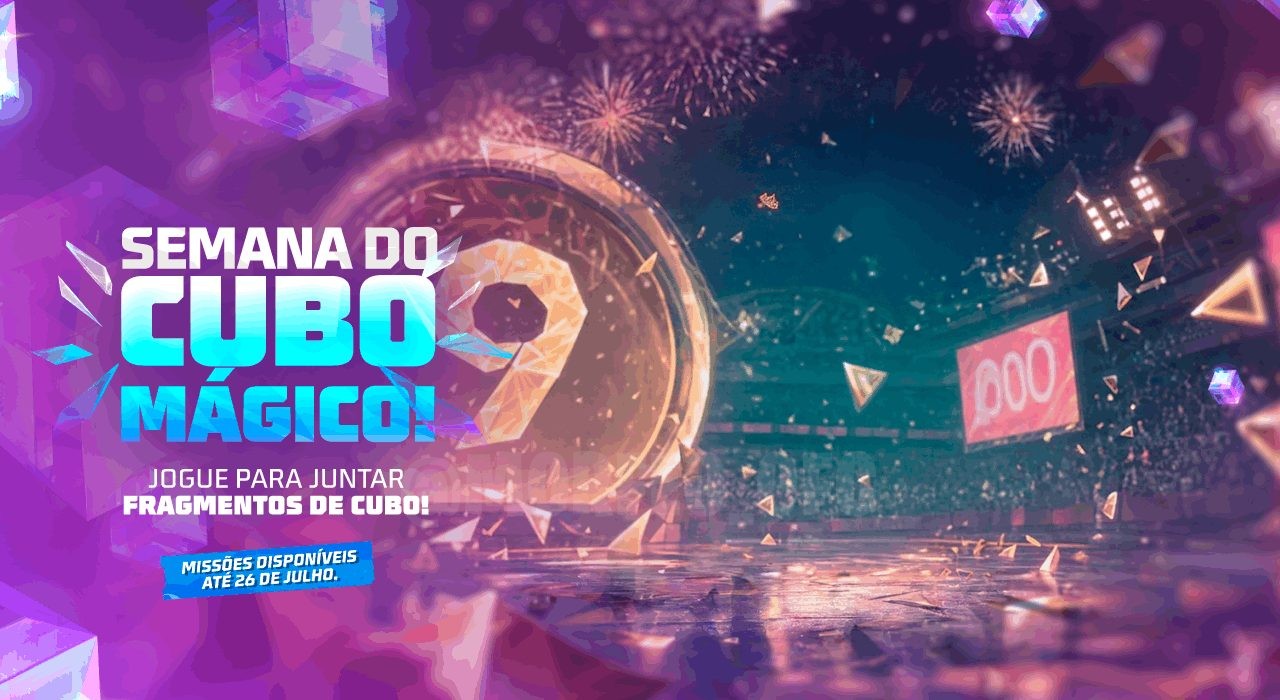 A imagem promove o evento 'Semana de Cubo Mágico' no Free Fire. Destaca um cubo mágico colorido flutuante no centro, com ef