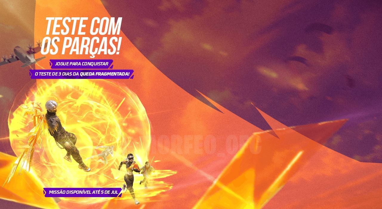 A imagem promove o novo evento "Teste com os Parcas" no Free Fire. Mostra personagens em ação em um cenário vibrante, dest