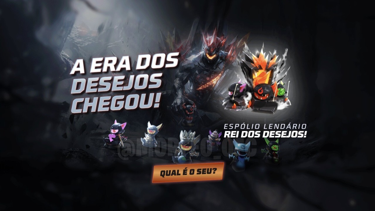 A imagem destaca o novo evento de Free Fire com tema de cartas, focando no Conjunto Desejos Sombrios e no Espólio Rei dos De
