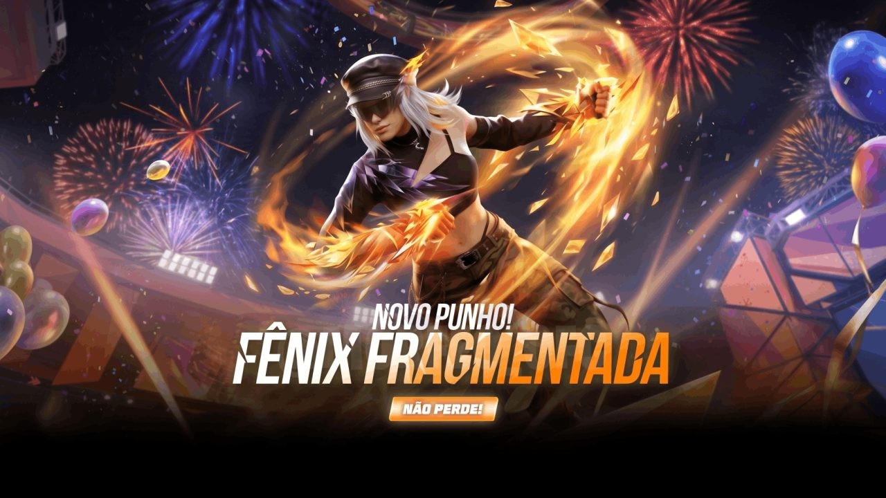 A imagem destaca o novo evento Virada Suprema no Free Fire, com foco nos itens Punho Fênix Fragmentada e Conjunto Harajuku.