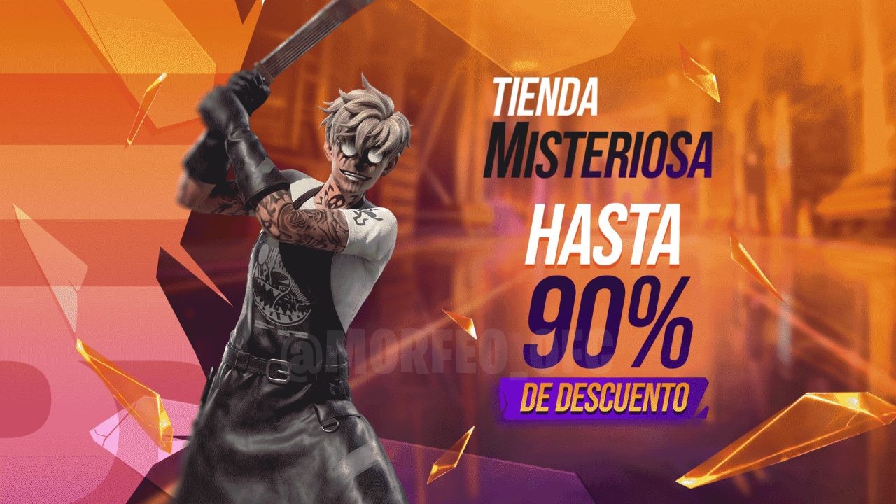 A imagem apresenta a nova loja misteriosa do Free Fire, com visual sombrio e iluminação neon. No centro, destaca-se o emote