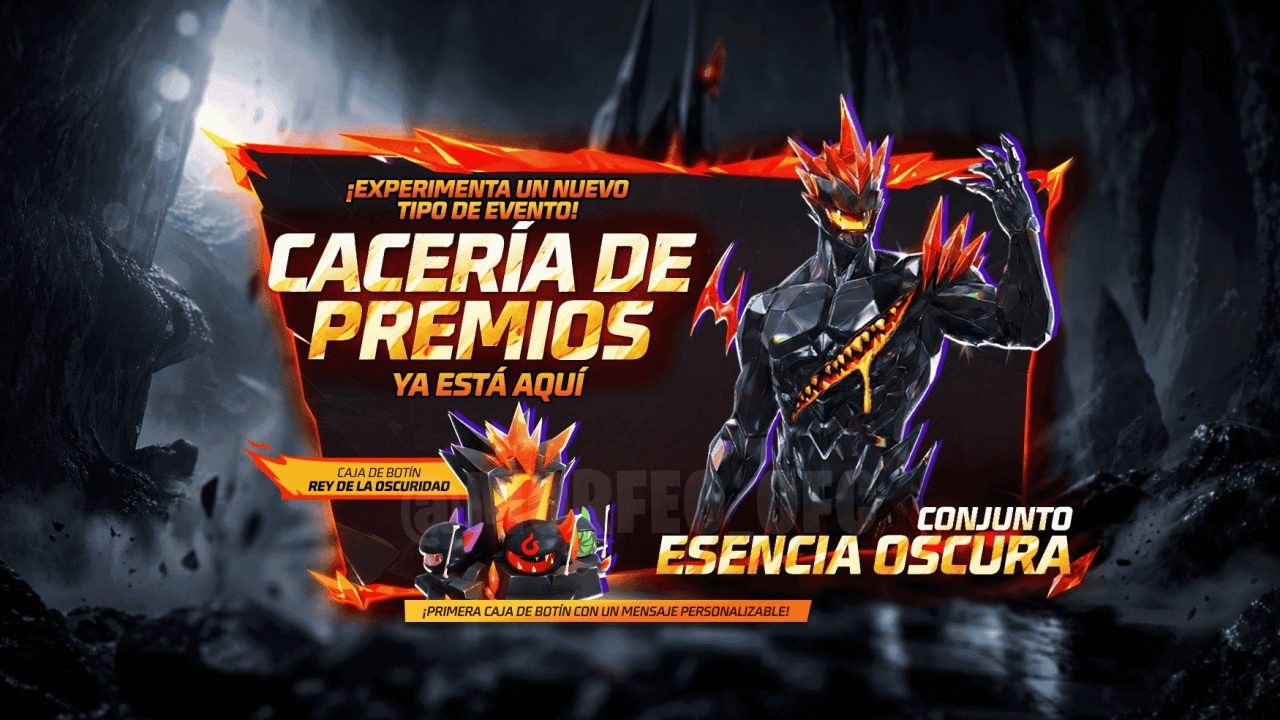 A imagem destaca o novo evento Caça aos Prêmios no Free Fire, focando no conjunto Essência Oscura e na skin da arma M82B E