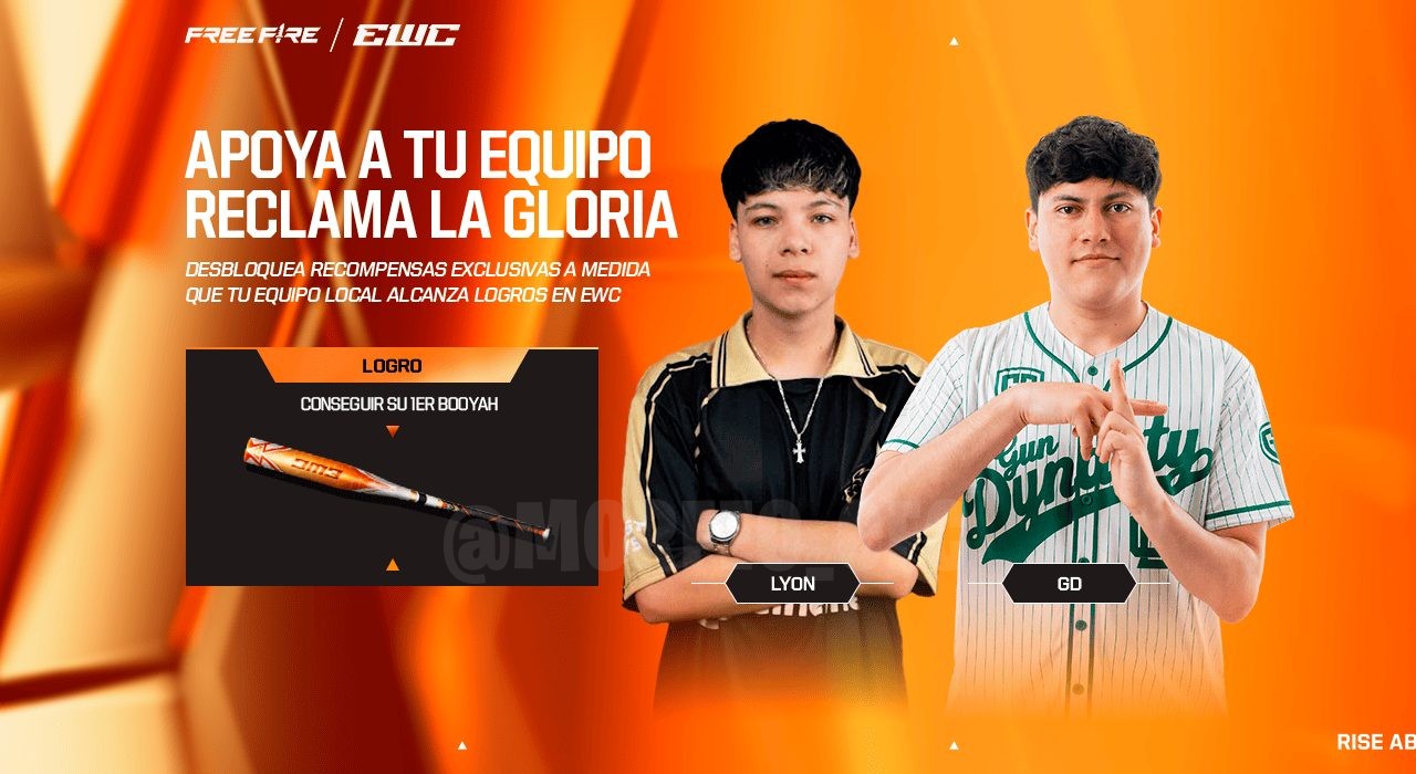 A imagem destaca o novo evento local Booyah no Free Fire, focado em como conseguir a skin de arma BATE para o EWC 2026. Apres