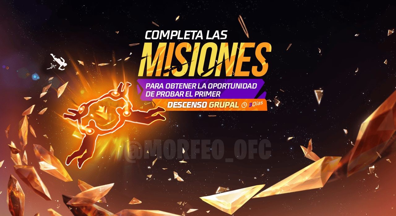 A imagem destaca o novo evento Prova de Queda Livre no Free Fire. Mostra a tela principal com um personagem saltando de paraq