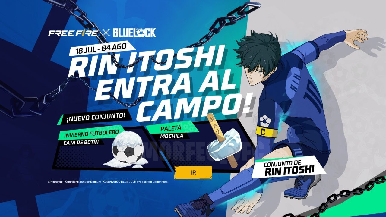 A imagem exibe a nova roleta de tokens do Free Fire, com destaque para o conjunto de Rin e o conjunto Equipe Z de Isagi. A te