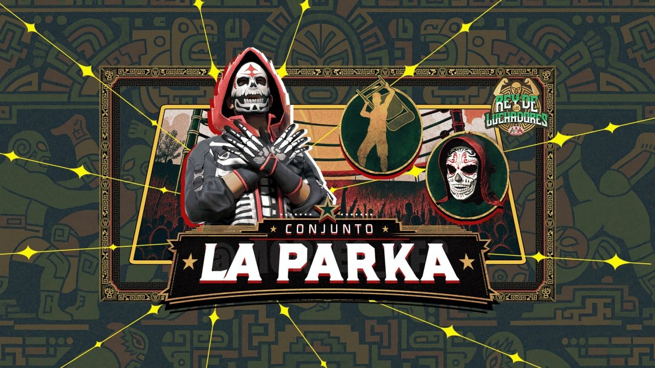 A imagem exibe a nova roleta de tokens do Free Fire, focada no pacote La Parka e no emote da cadeira voadora. No centro, dest
