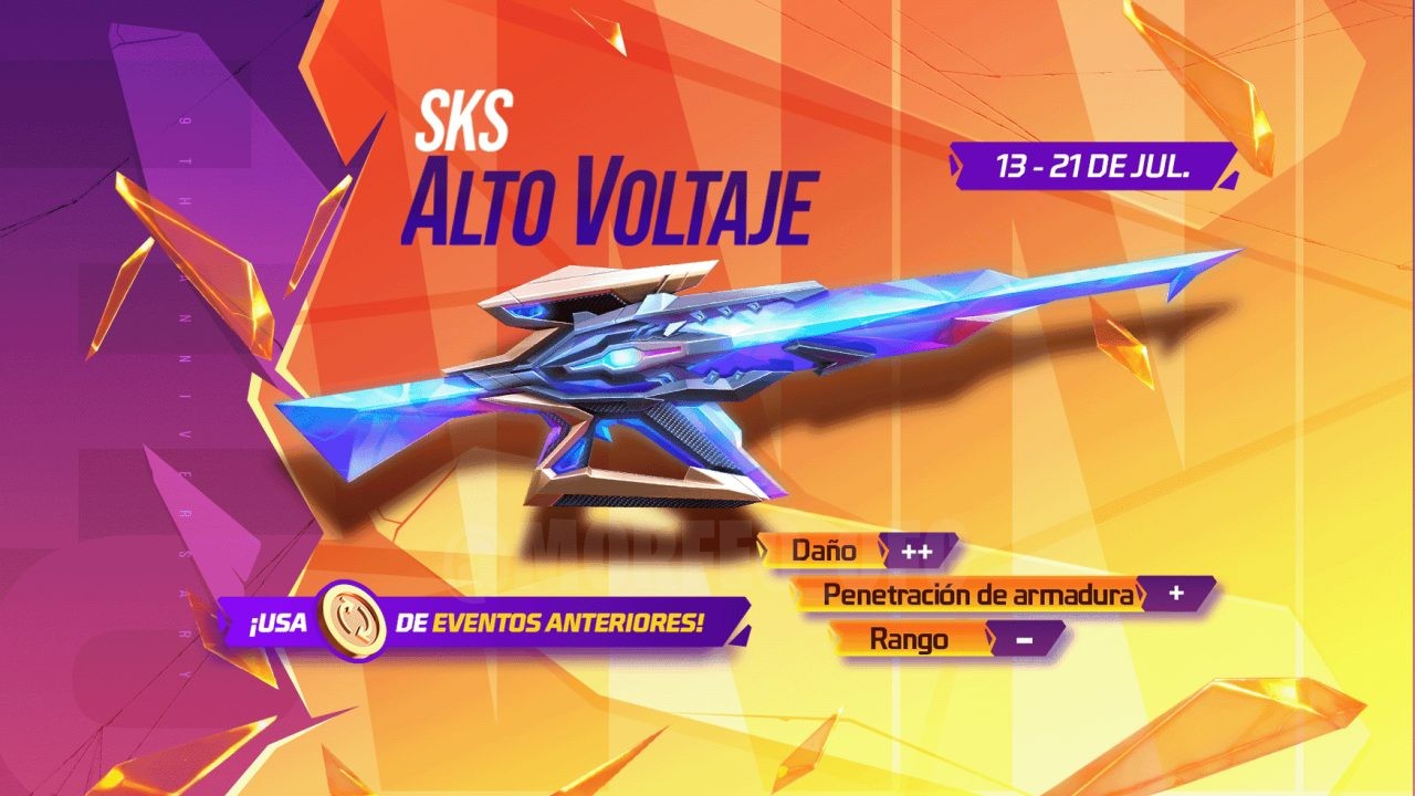 A imagem exibe a nova roleta de tokens no Free Fire, com destaque para a skin SKS Alto Voltagem e o token El Elegido. A inter