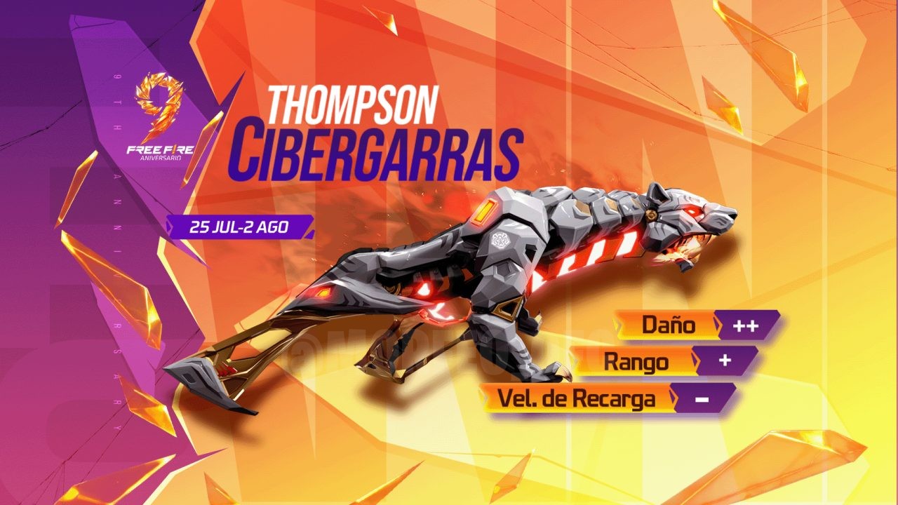 A imagem destaca a nova roleta de tokens do Free Fire, com foco na skin Thompson Cibergarras e no Token El Elegido. O fundo a