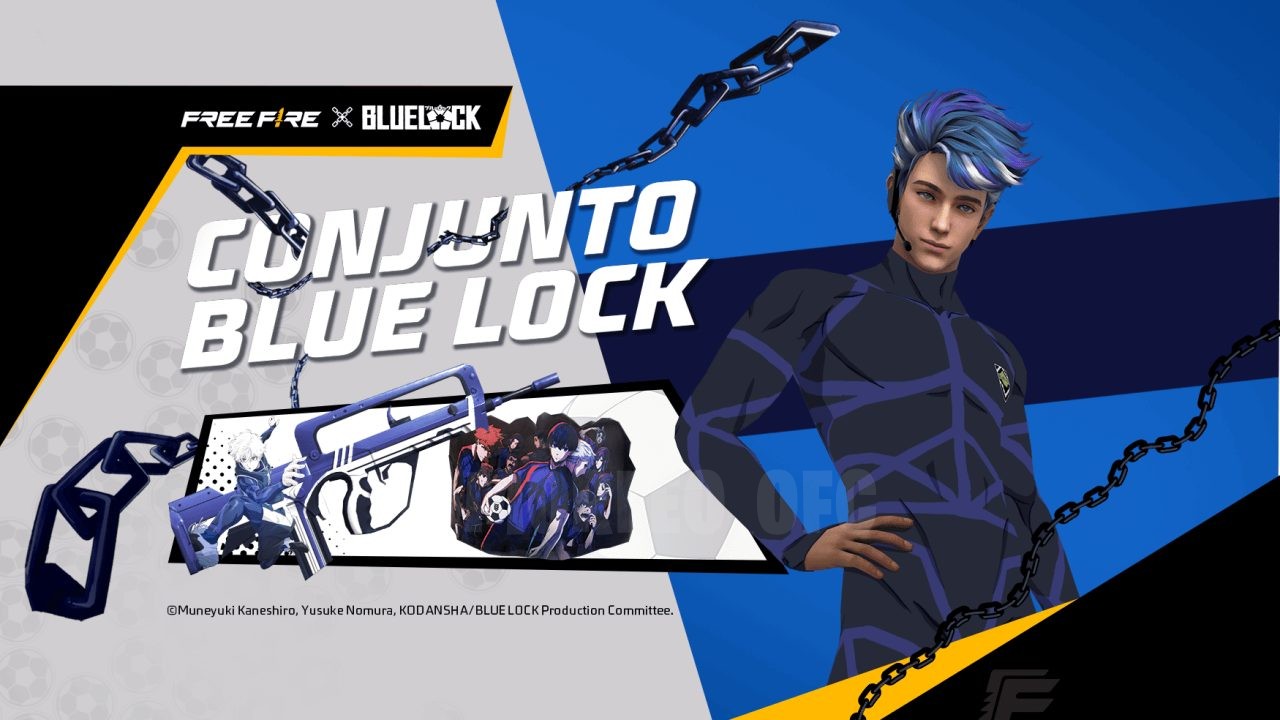A imagem exibe a nova roleta mágica no Free Fire, com foco no conjunto Blue Lock e na skin da arma Famas Blue Lock. São mos
