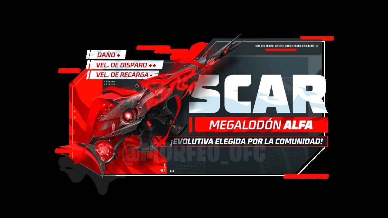 A imagem destaca a nova Roleta Mágica do Free Fire, focando na obtenção da skin de arma SCAR Megalodon Alfa e caixas de bo