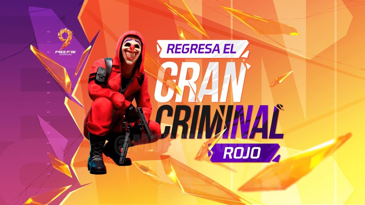 A imagem destaca a nova Torre de Tokens no Free Fire, com foco em como obter tokens pelos eventos Atraco e Gran Criminal. No