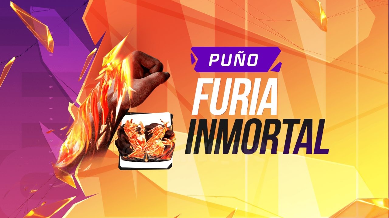 A imagem destaca a nova Torre de Tokens do Free Fire, focando no Token Fúria Imortal e na skin de arma Punho Fúria Imortal.