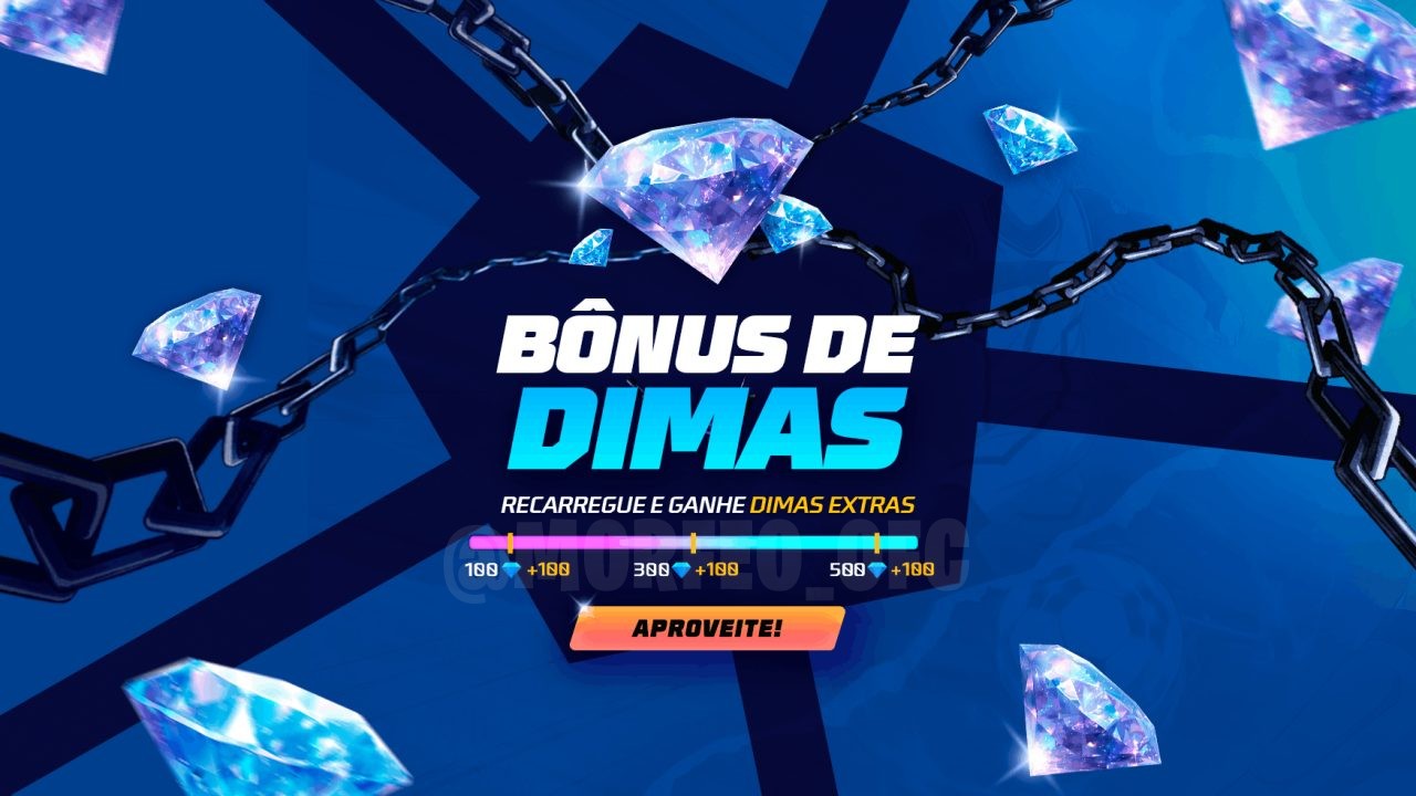 Imagem promocional vibrante do Free Fire destacando a oferta de recarga de diamantes. No centro, o pacote de 500 diamantes ap