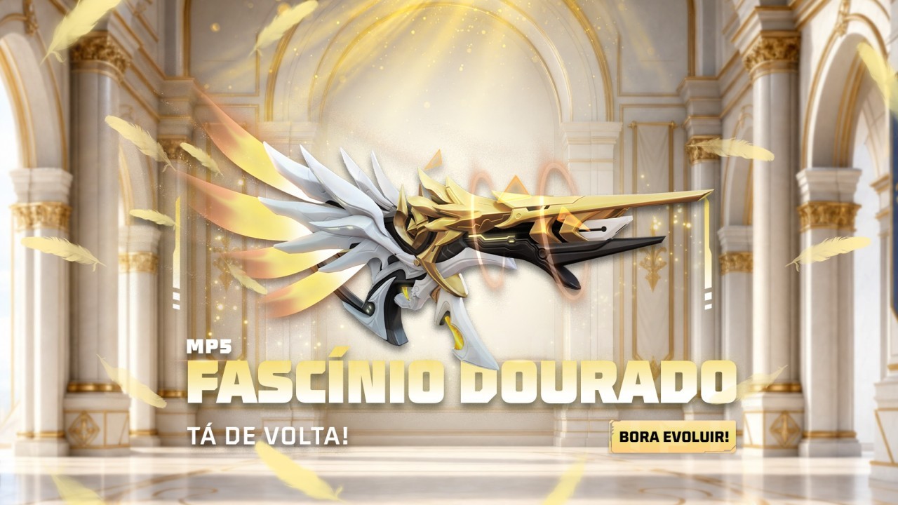 Esta imagem promove o novo evento Bazar do Drop no Free Fire. Destaca a MP5 Fascínio Dourado, com visual luxuoso em tons de