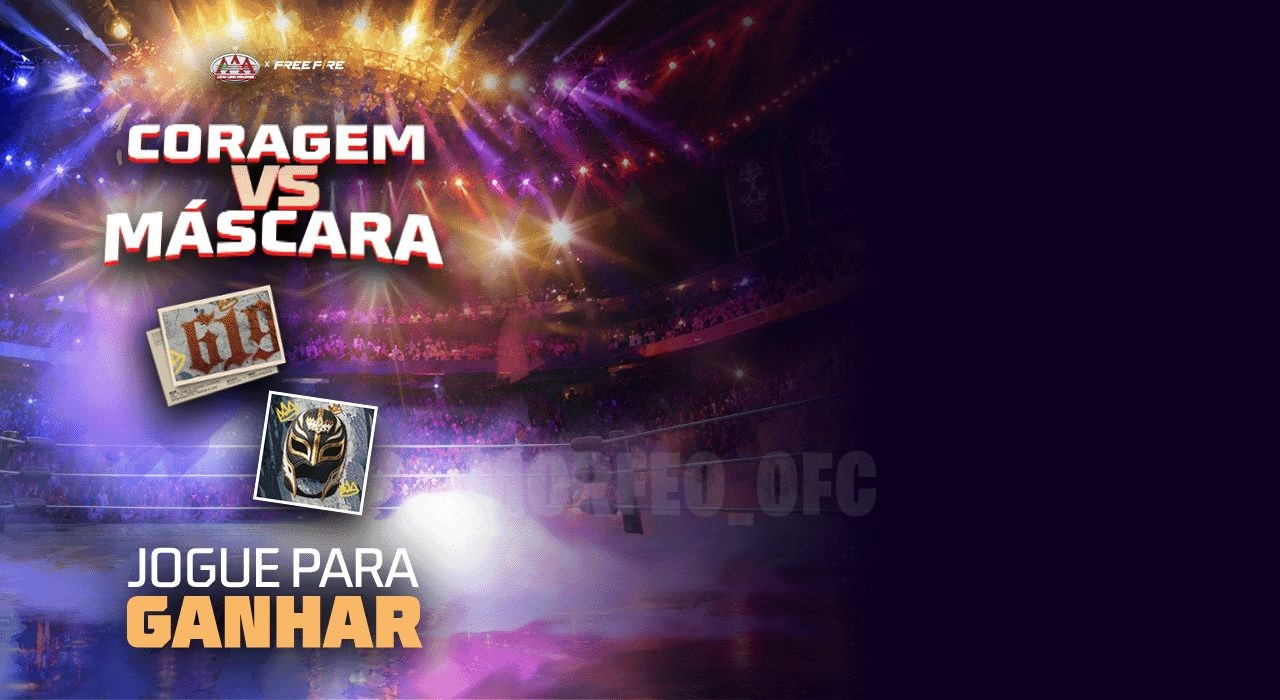 Esta imagem promove o evento 'Coragem vs Máscara' no Free Fire, destacando o avatar 'Avatar Legado Mascarado'. O visual apre