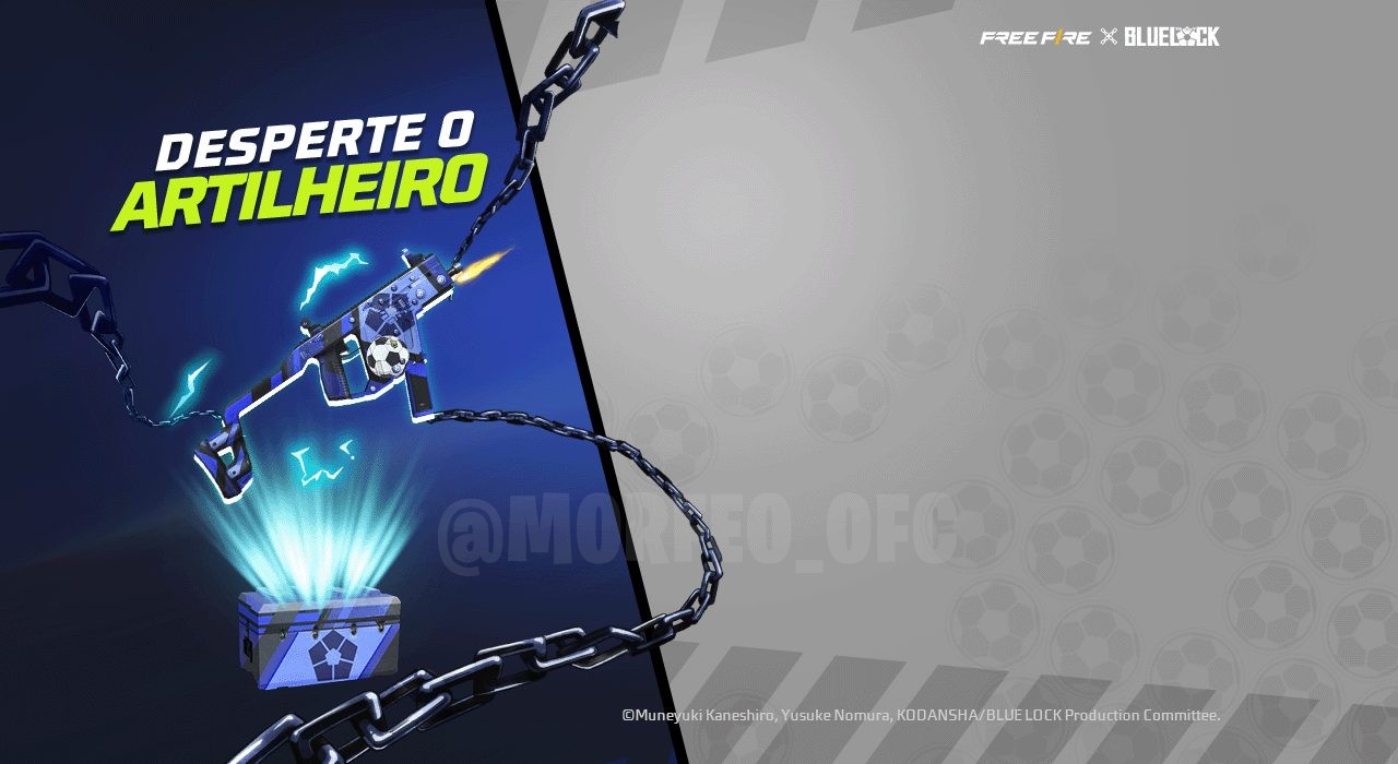 A imagem destaca o novo evento 'Desperte o Artilheiro' no Free Fire, com foco na skin Vector Blue Lock. Apresenta o visual da