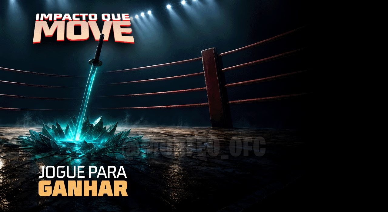 A imagem destaca o novo evento Impacto que Move no Free Fire, com visual vibrante e dinâmico. Mostra personagens em poses de