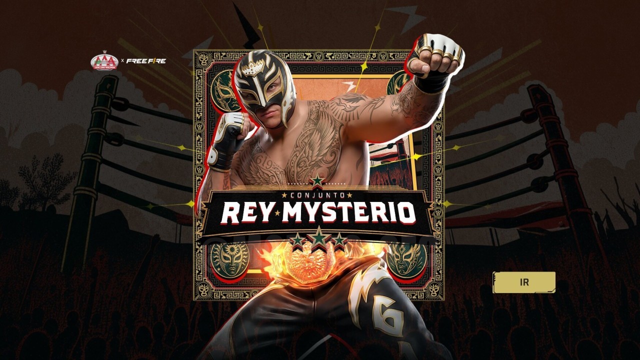 Imagem promocional do novo evento do Free Fire que traz o tema de cartas. Destaque para o conjunto inspirado em Rey Mysterio,