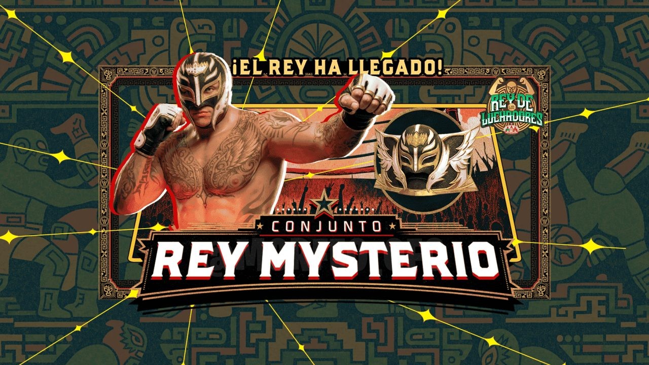 A imagem apresenta a nova roleta de tokens do Free Fire, com foco no conjunto do Rei Mysterio. Destaque para a skin de arma e