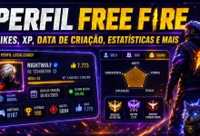 Imagem destacada do artigo Perfil Free Fire mostrando consulta de likes, XP, data de criação da conta e estatísticas do jogador.