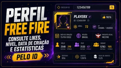 Imagem destacada do artigo Perfil Free Fire mostrando consulta de likes, XP, data de criação da conta e estatísticas do jogador.