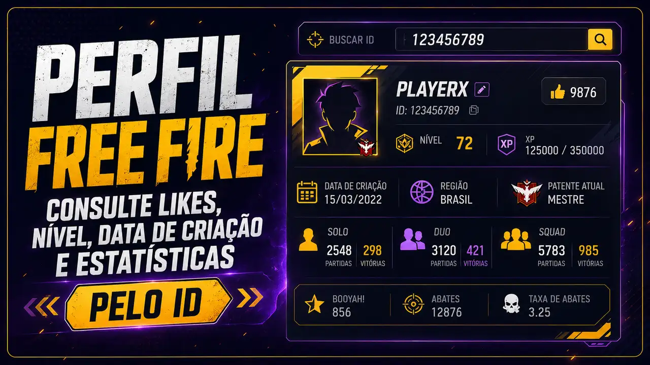 Perfil Free Fire pelo ID: veja likes, nível, data de criação e estatísticas
